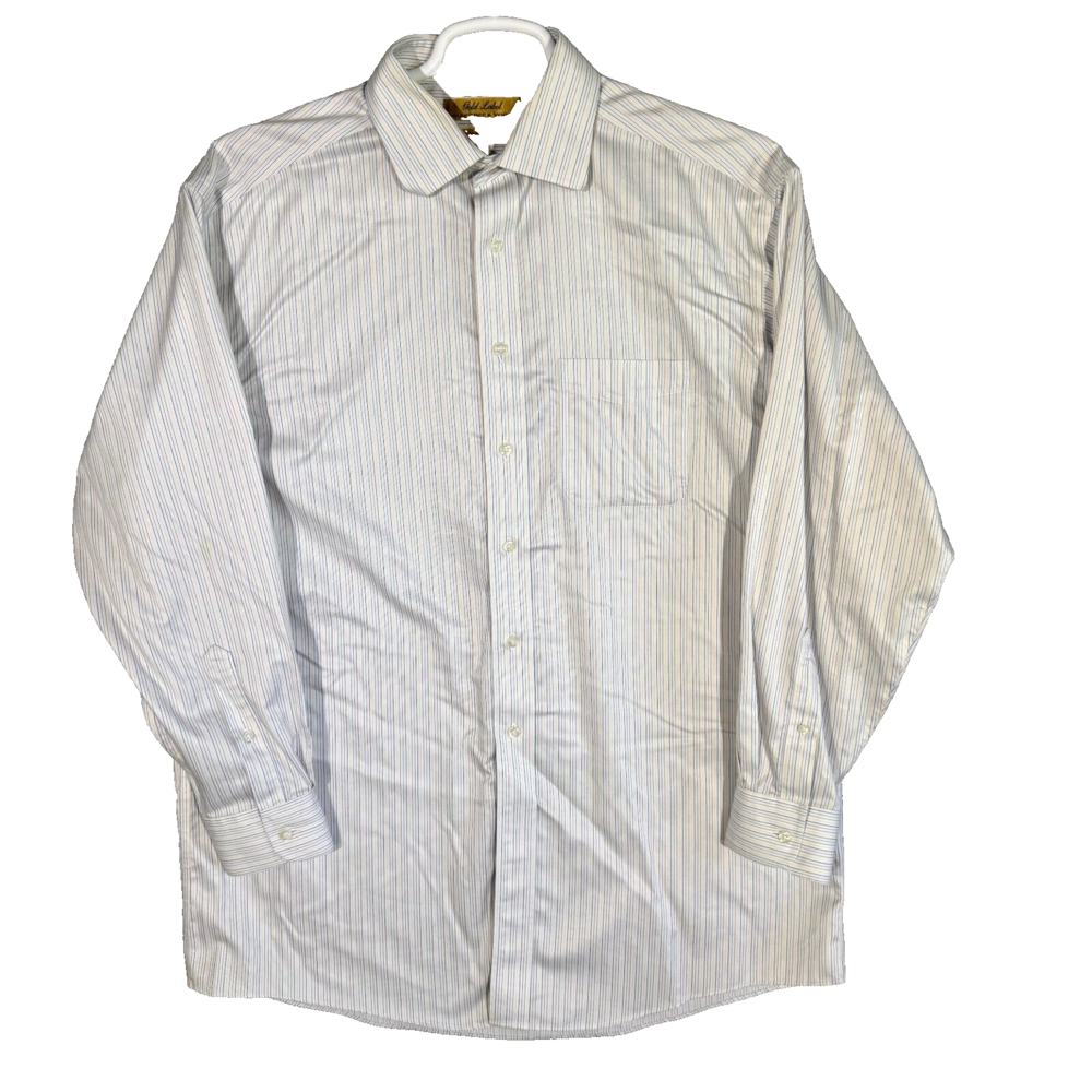 Gold Label Roundtree & Yorke Men’s Dress Shirt 16 34 White Blue Stripe Cotton